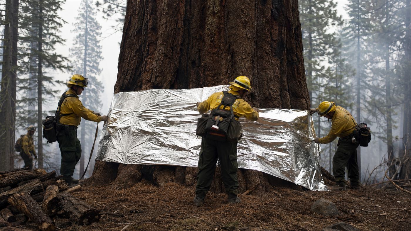 Firefighters wrapping the base of a giant sequoia in aluminum foil to protect it from wildfire