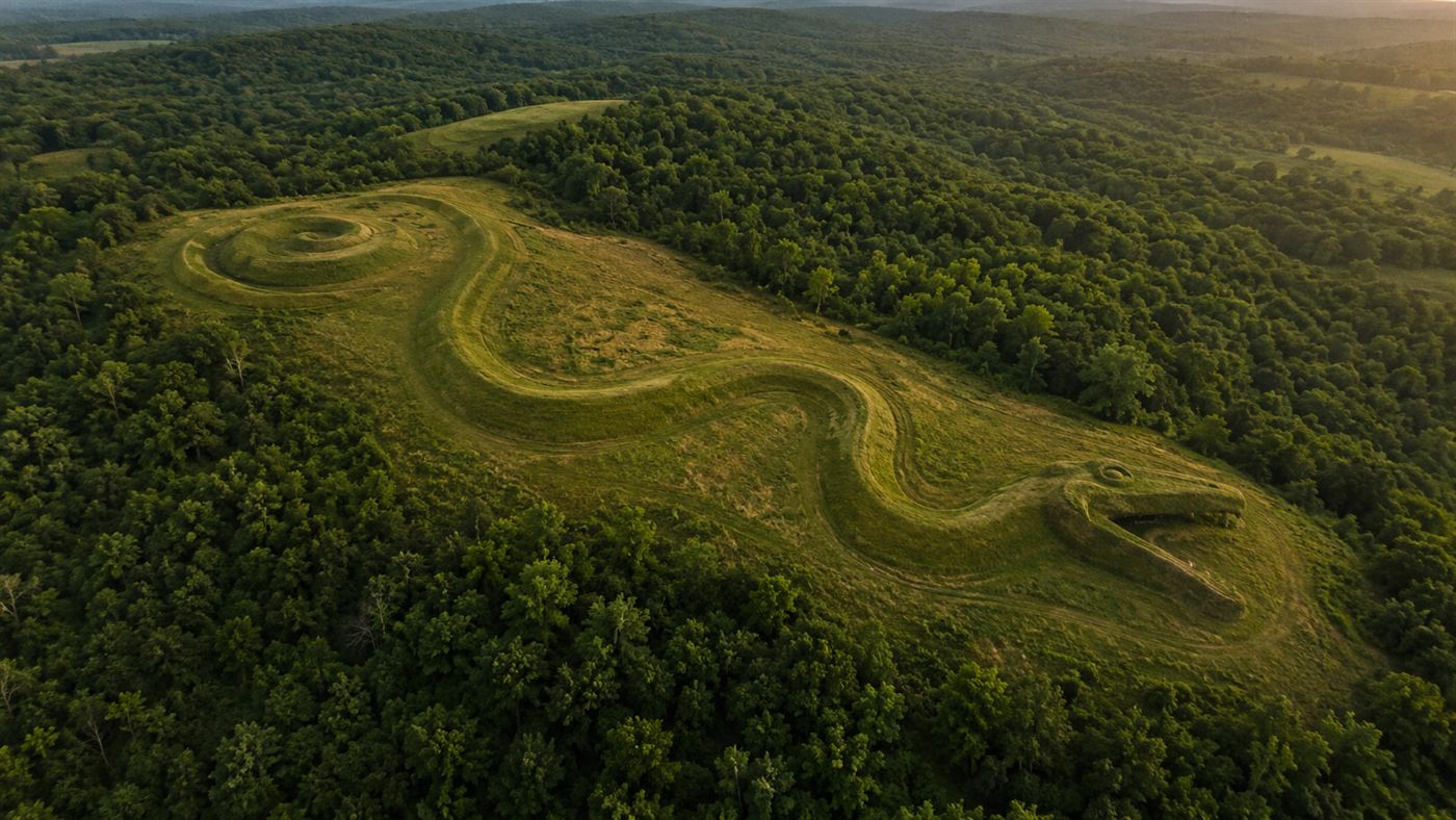 An aerial view of the Serpent Mound in Ohio, a long grassy earthwork shaped like a coiled snake winding across a green plateau