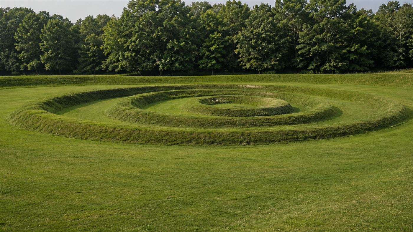 A ground-level view of the spiral coiled tail of the Serpent Mound earthwork in green grass
