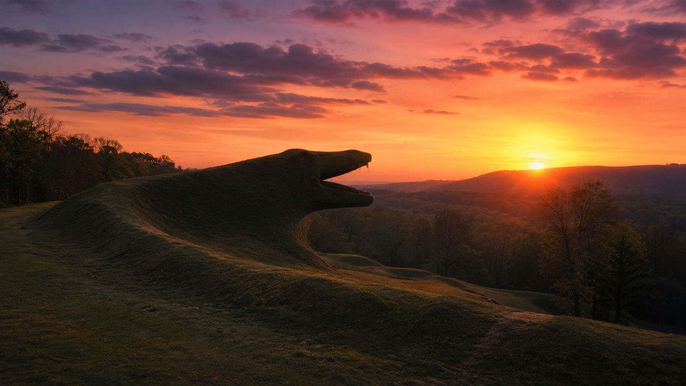 The head of the Serpent Mound earthwork silhouetted against a glowing orange solstice sunset