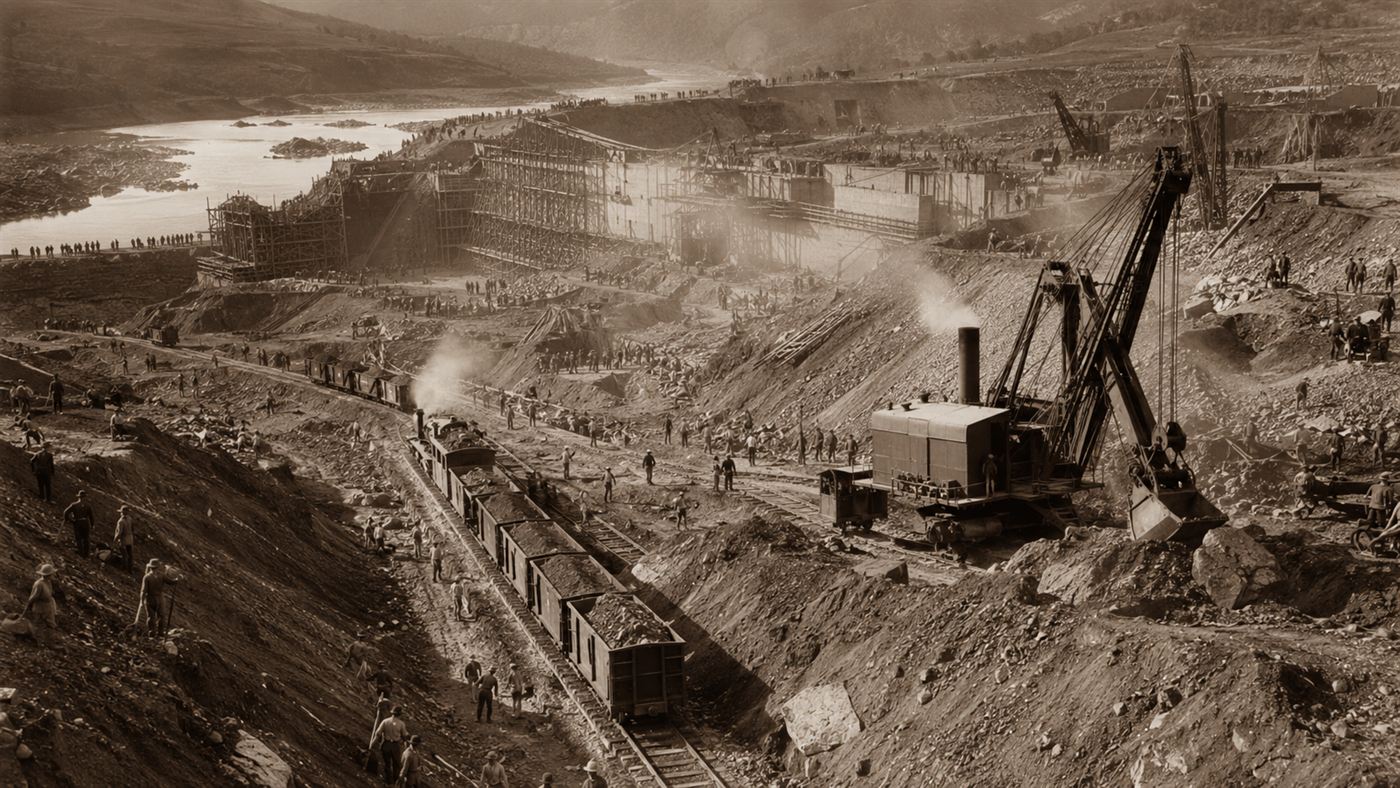 Thousands of labourers and steam shovels building the Shannon Scheme that fed Ardnacrusha in the 1920s