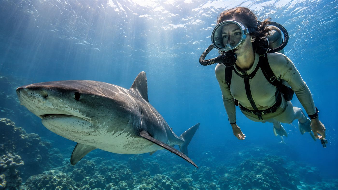 A woman scuba diver in vintage gear swimming calmly alongside a large reef shark in clear blue water