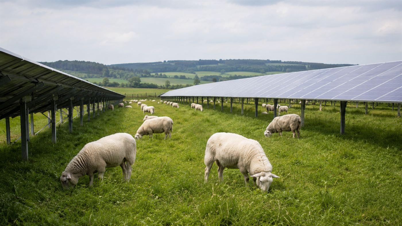 A flock of sheep grazing on green grass between long rows of solar panels in open countryside, an example of solar grazing