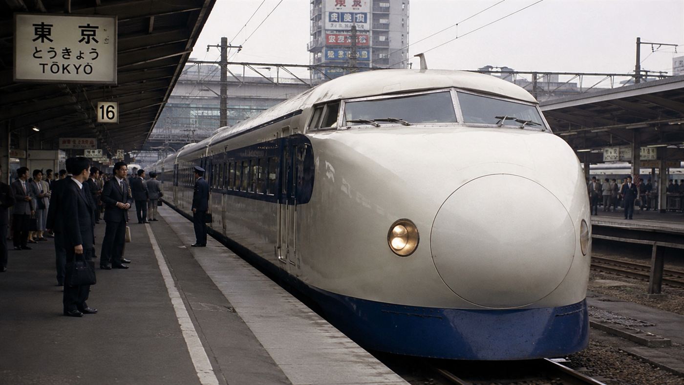 The original 1964 Series 0 Shinkansen bullet train with a rounded nose at a station in 1960s Japan