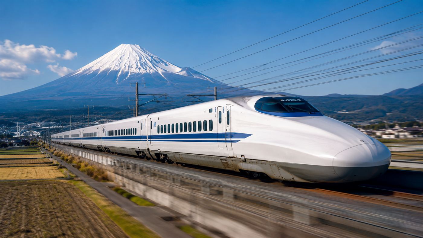 A sleek white and blue bullet-nosed Shinkansen train speeding through the Japanese countryside with Mount Fuji behind