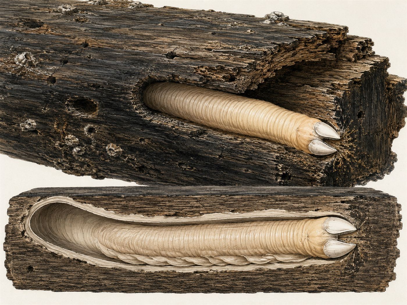 A shipworm, Teredo navalis, boring through ship timber with its hard shelled head, the mollusc that inspired the Thames Tunnel shield