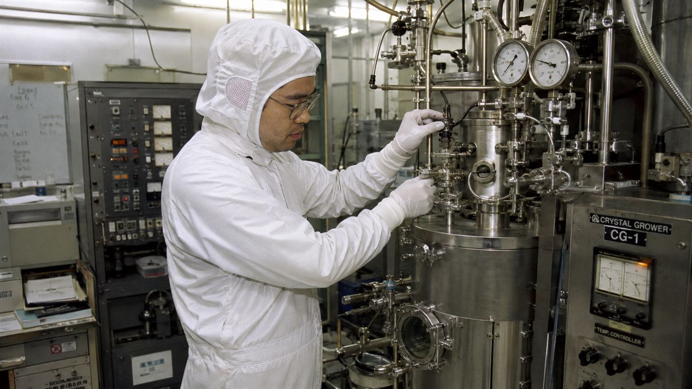 An engineer in a clean-room suit adjusting a custom metalorganic vapor deposition reactor used to grow gallium nitride crystals