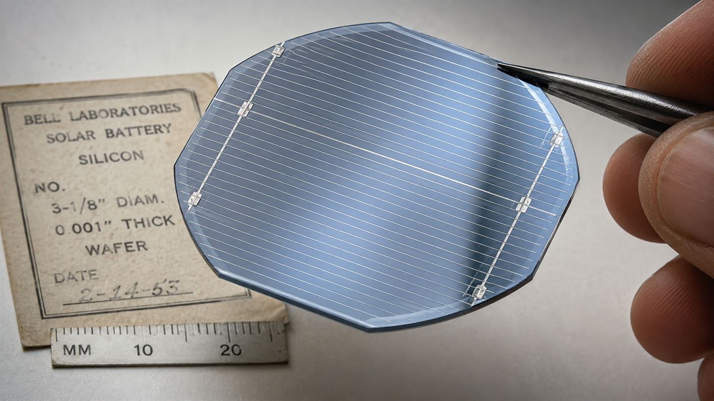 Close-up of an early grey-blue silicon solar cell wafer with thin metal contact lines across its surface