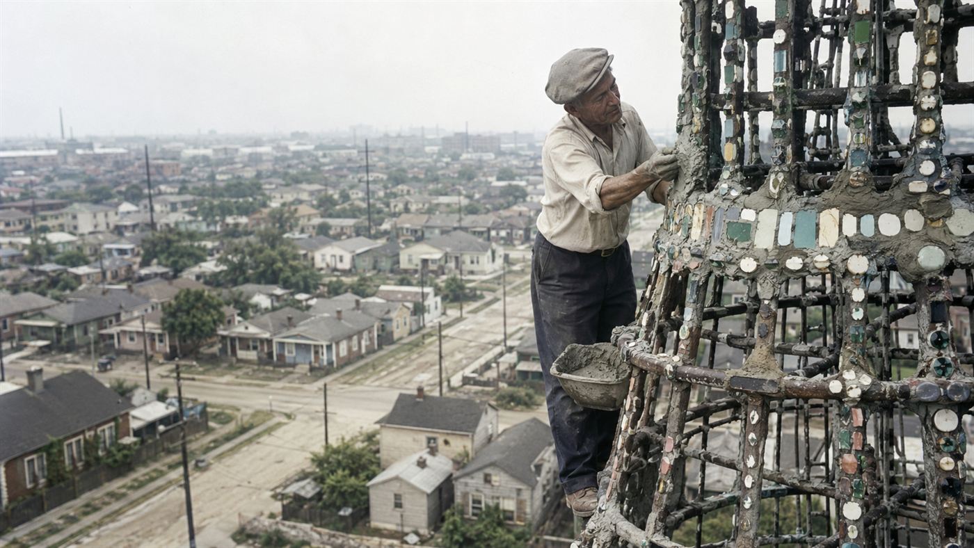 An older man in work clothes climbing and working on a tall handmade tower of steel and mosaic in the 1940s