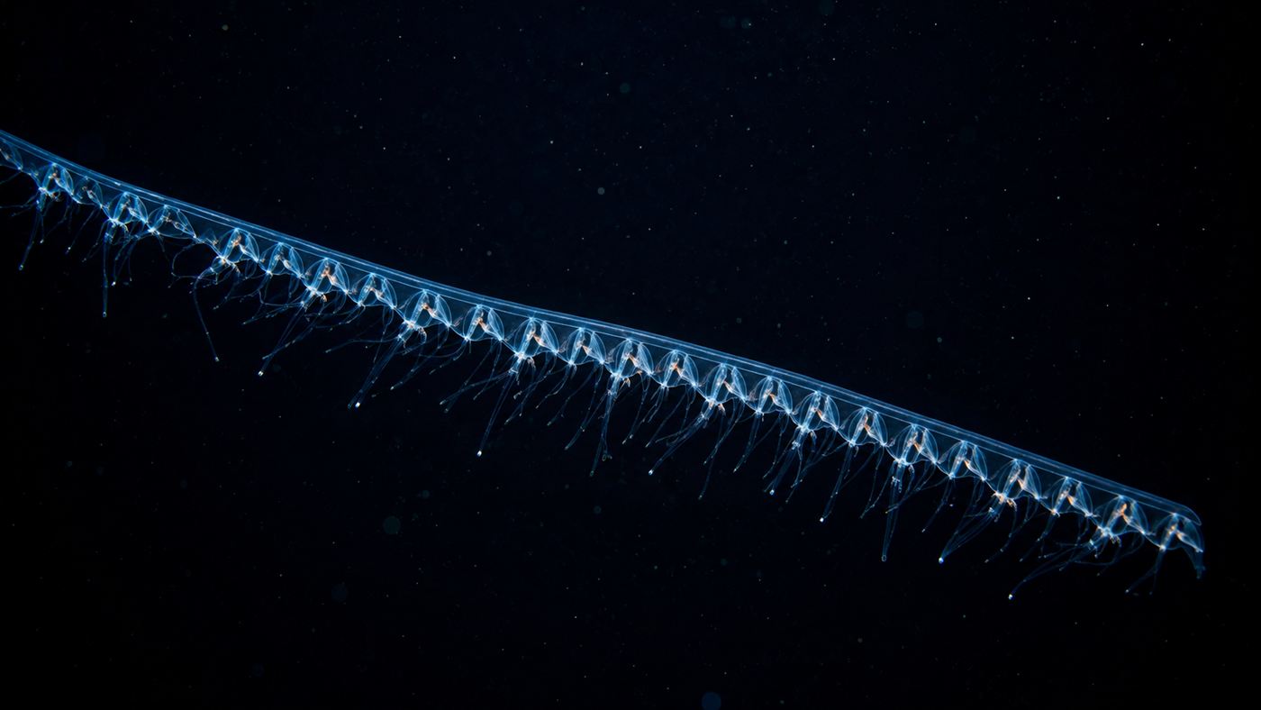 A long delicate siphonophore, a chain-like colonial deep-sea animal, glowing faintly as it drifts in dark ocean water