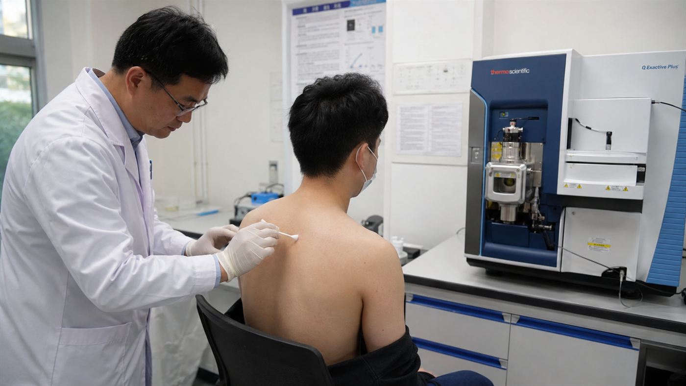 A scientist swabbing a patient's upper back with a cotton swab beside a mass spectrometer for a Parkinson's skin swab test
