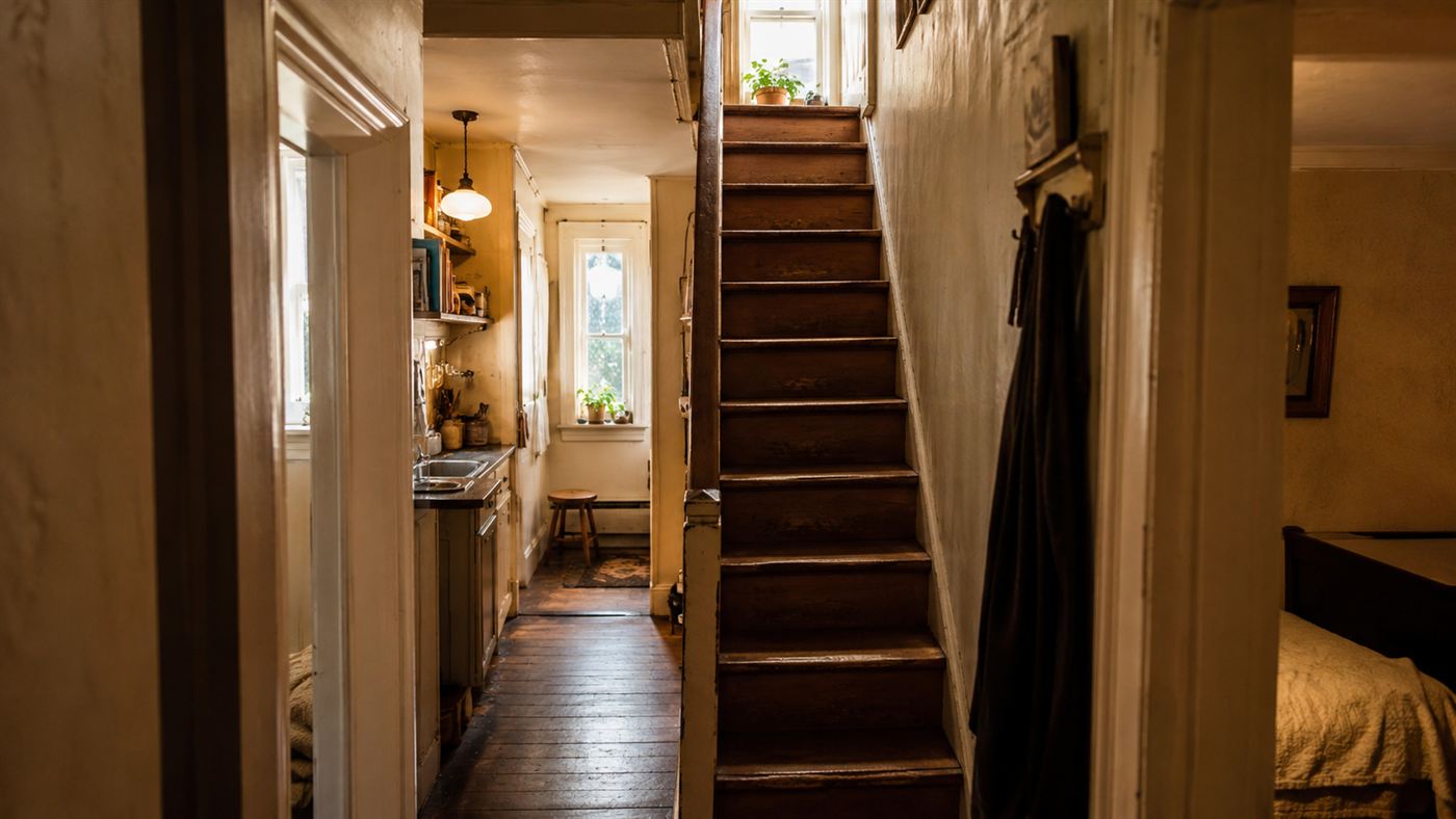 The cramped interior of a very narrow house with a staircase and rooms only a few feet wide