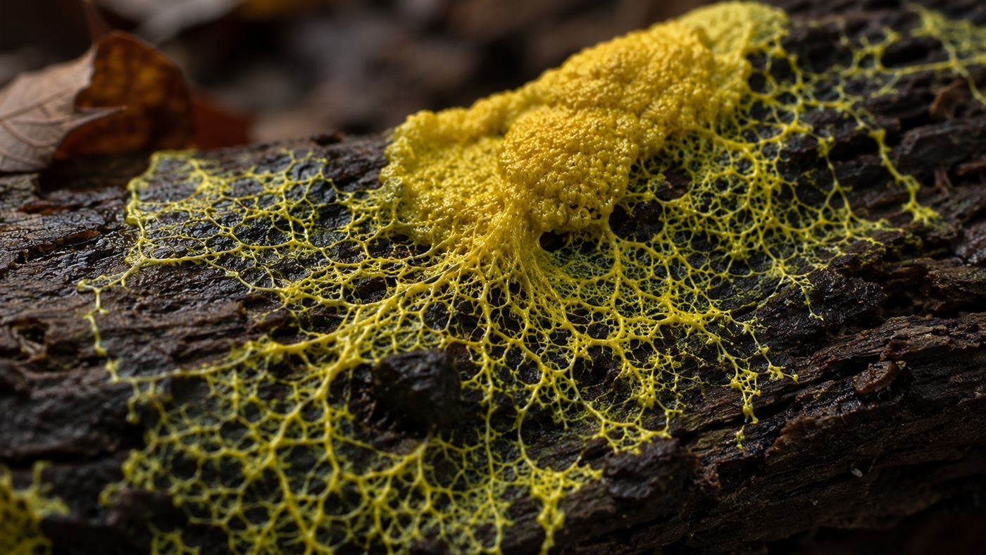 A vivid yellow slime mold spreading its branching web of veins across a damp decaying log on a forest floor