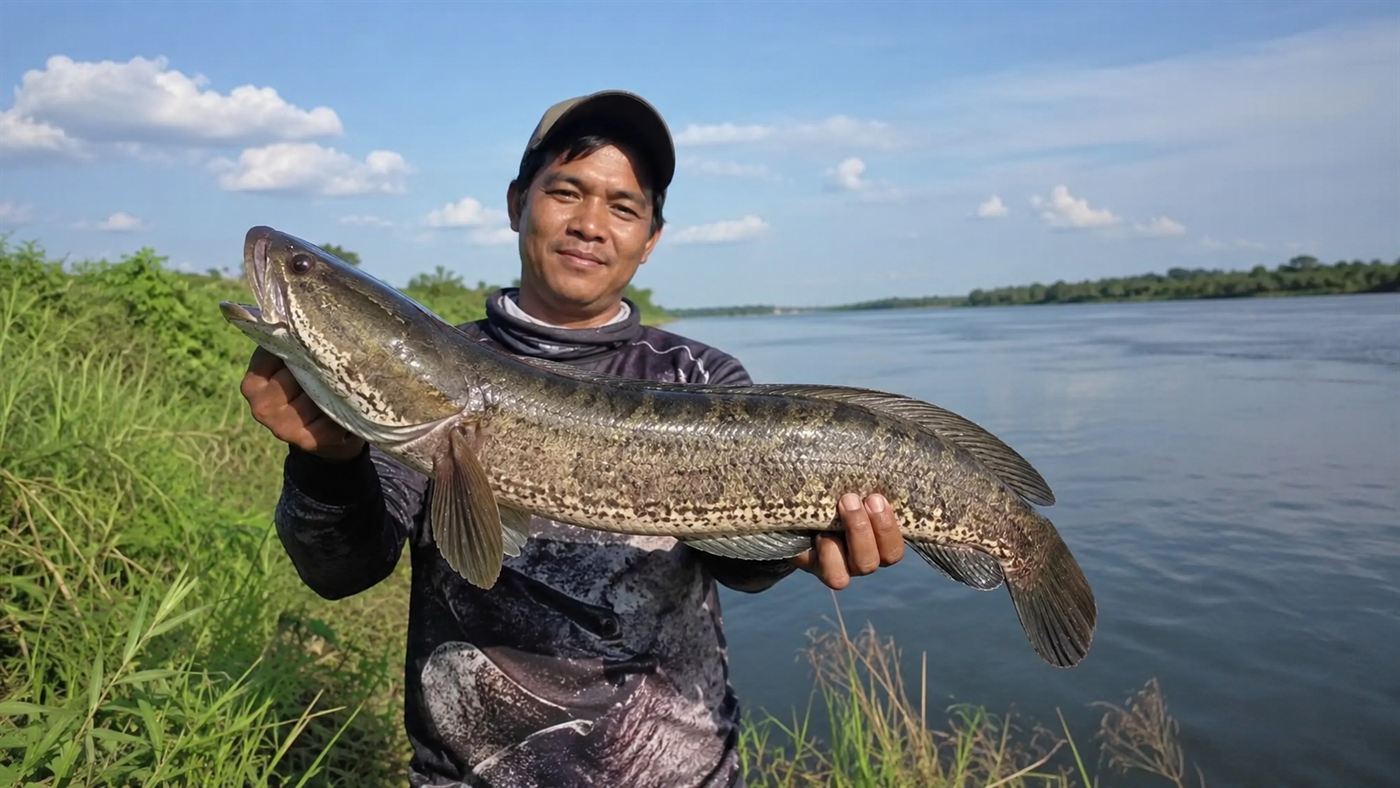 An angler on the bank of the Potomac River holding up a large caught northern snakehead