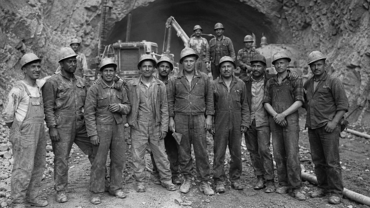 A group of 1950s immigrant construction workers in hard hats at the mouth of a Snowy Mountains Scheme tunnel