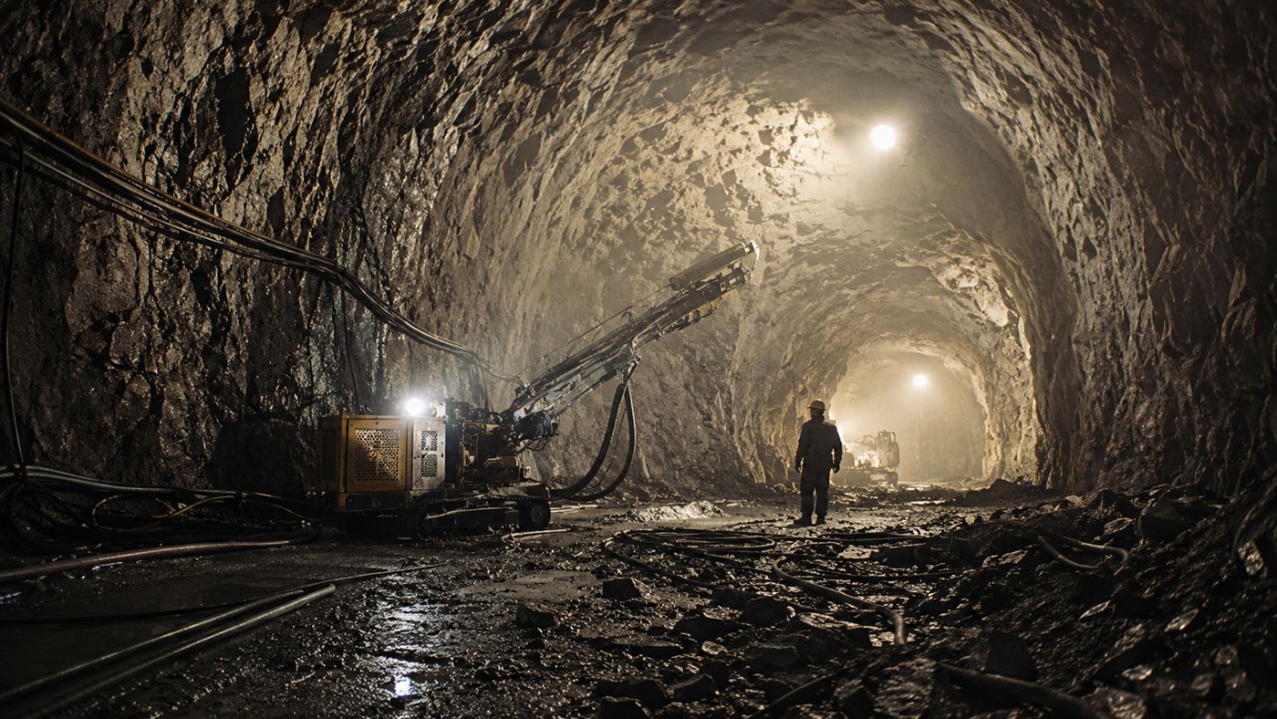 Workers and machinery boring a deep rock tunnel underground during construction of the Snowy Mountains Scheme