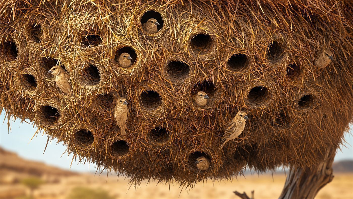 Close-up of the underside of a sociable weaver nest showing many round entrance tunnels with small birds peeking out