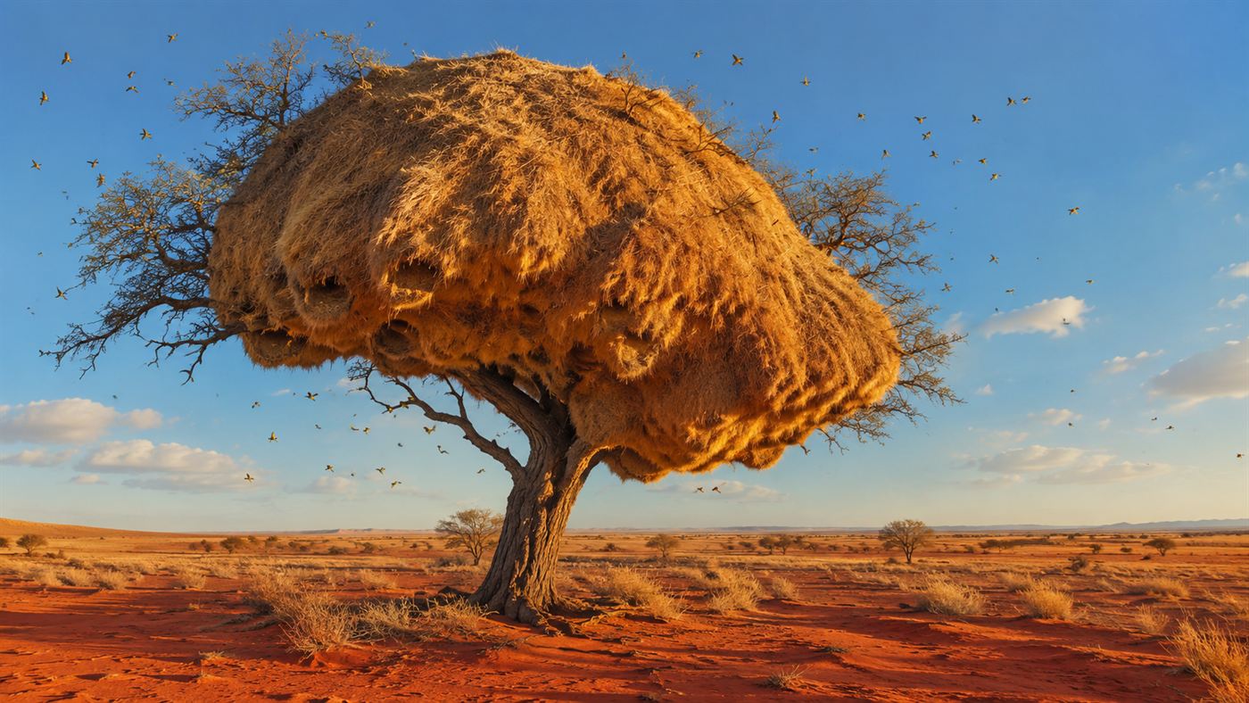 A huge haystack-like grass nest draped over the branches of a lone camelthorn tree in the golden Kalahari desert under a clear blue sky