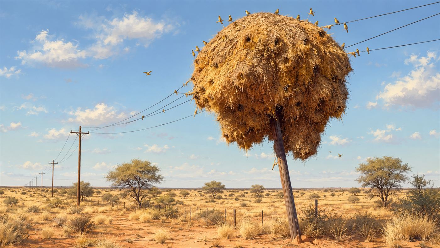 An enormous grass weaver nest built around the top of a wooden utility pole in a dry desert landscape