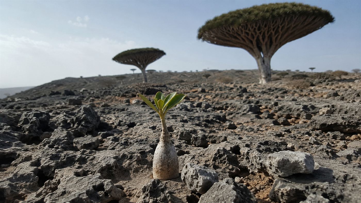 A single small young dragon blood tree seedling struggling on cracked dry ground with old trees in the hazy distance