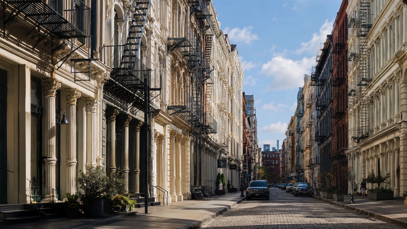 The cast-iron building facades and cobblestone streets of the SoHo neighborhood in Manhattan today