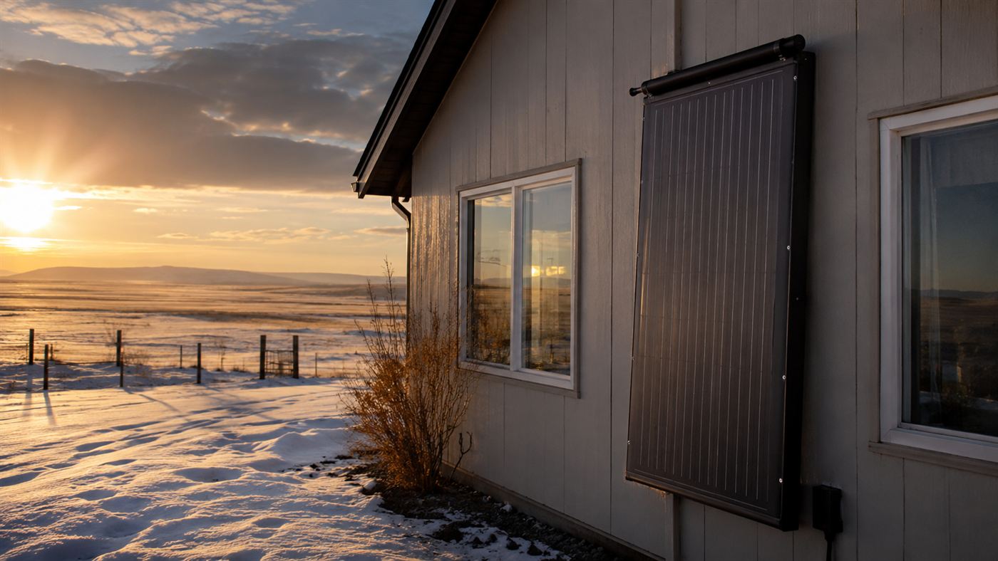 A Lakota Solar air-heating panel mounted on a home on the snowy plains