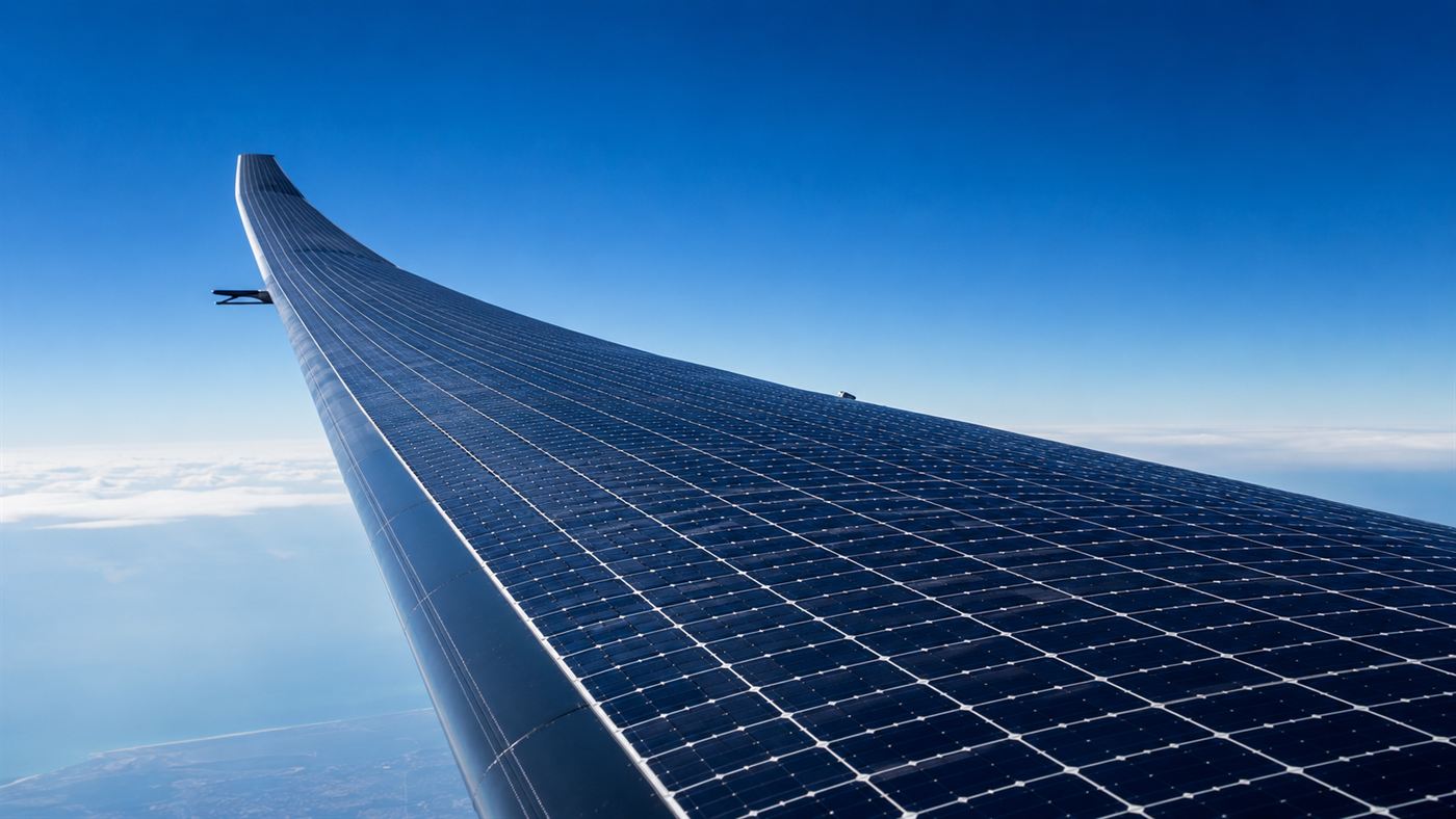 A close-up of the thousands of solar cells covering the aircraft's wing