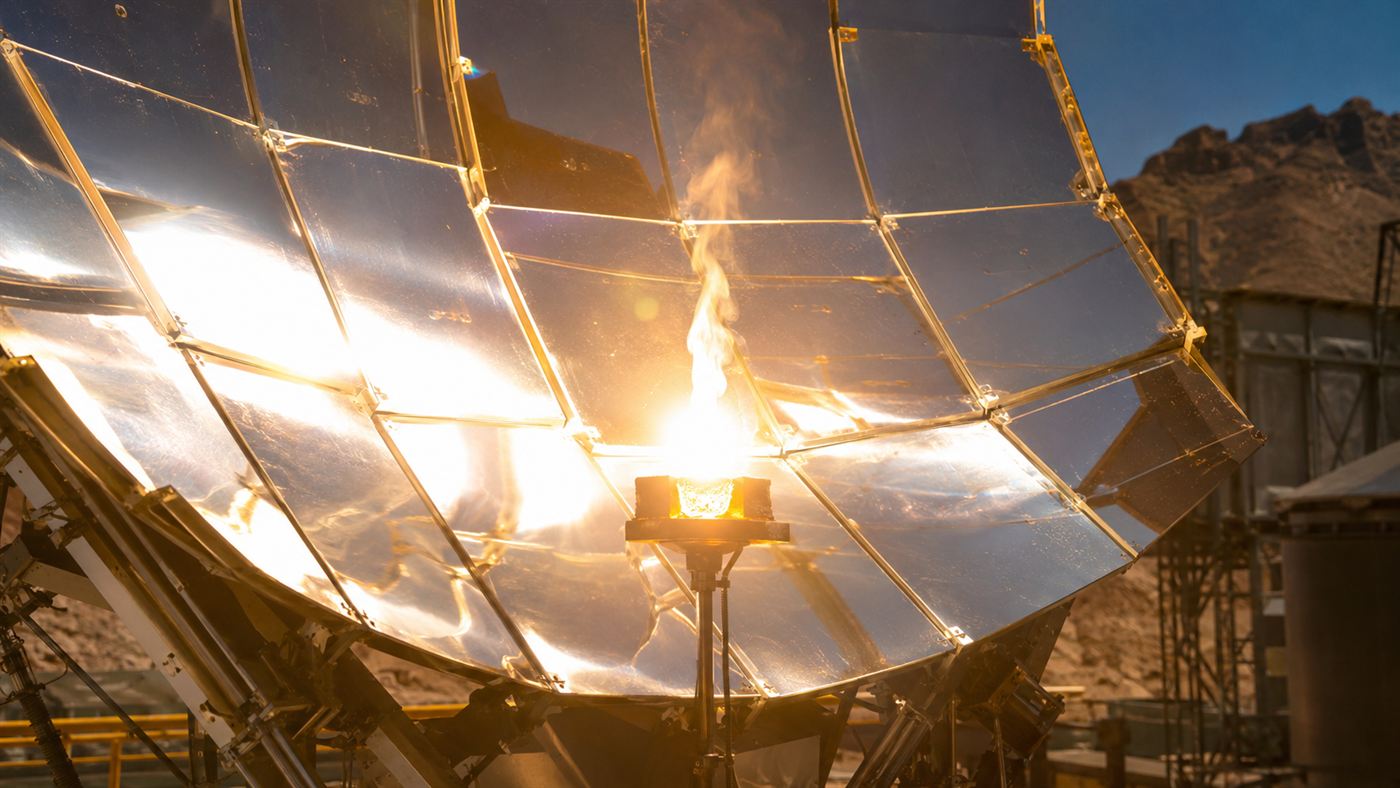 The blindingly bright focal point of the solar furnace glowing white-hot as it heats a test sample, with intense light and a wisp of vapour