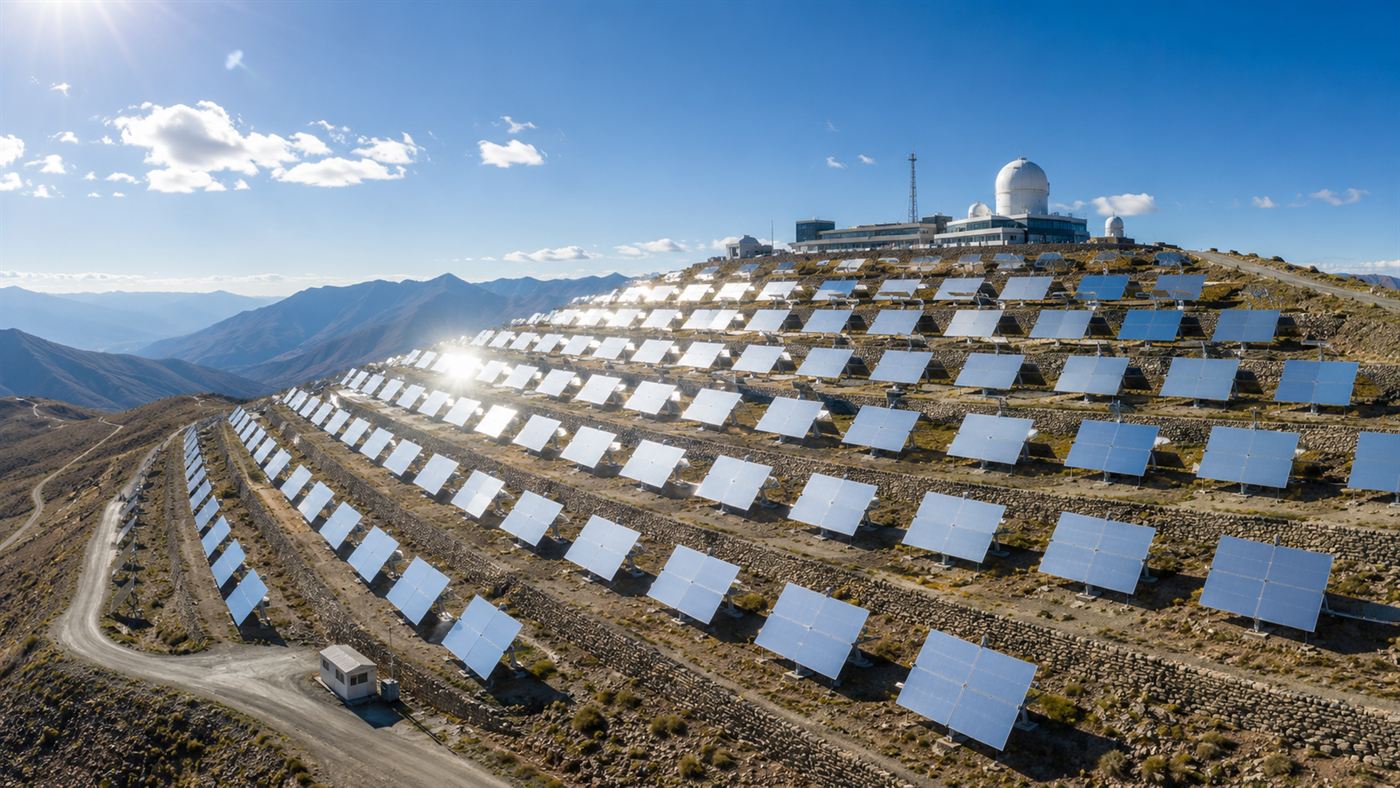 A terraced hillside field of large flat heliostat mirrors angled to track the sun and reflect it toward the solar furnace