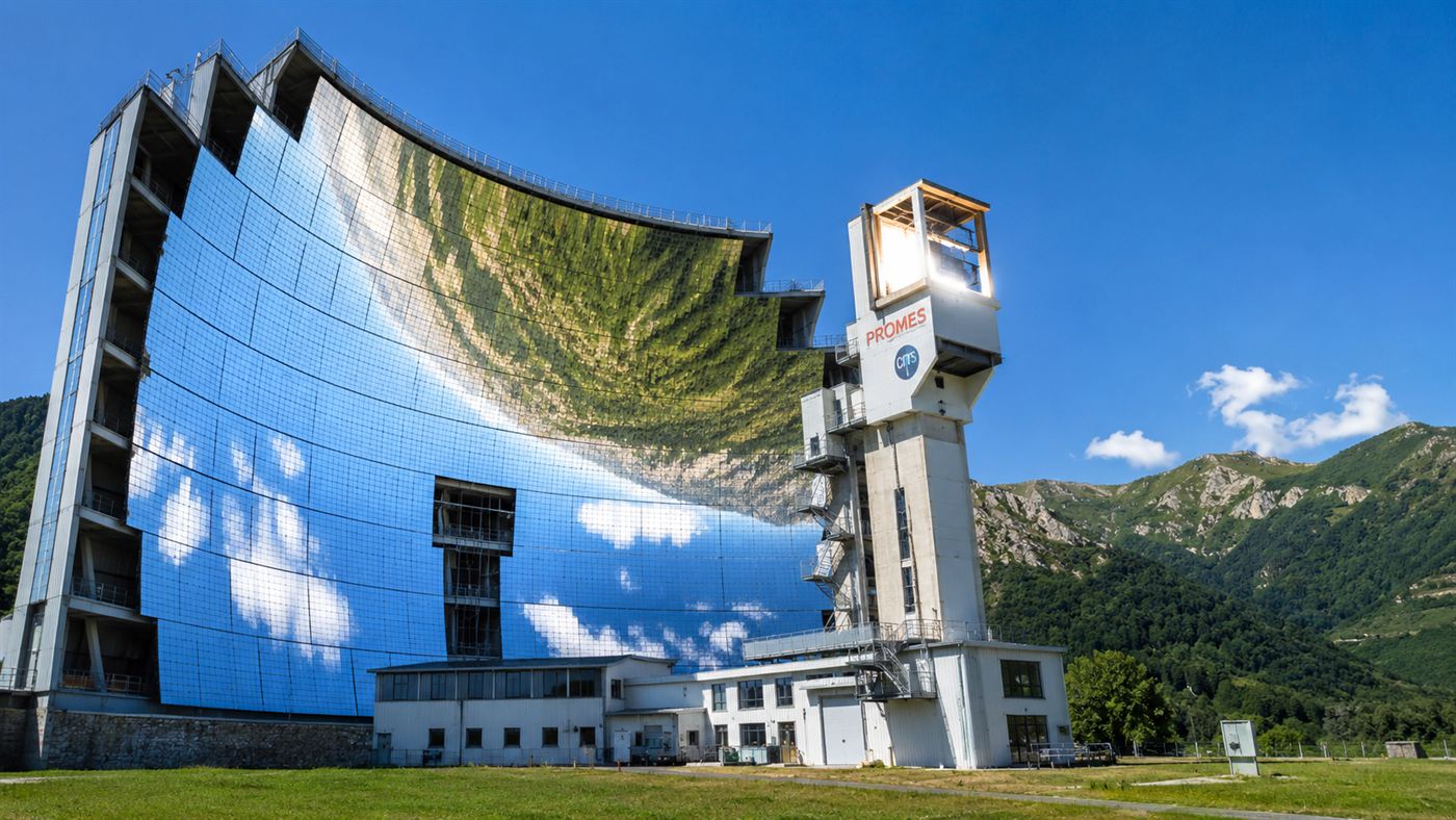 The giant curved parabolic mirror wall of the Odeillo solar furnace gleaming in the sun, reflecting the sky and surrounding mountains