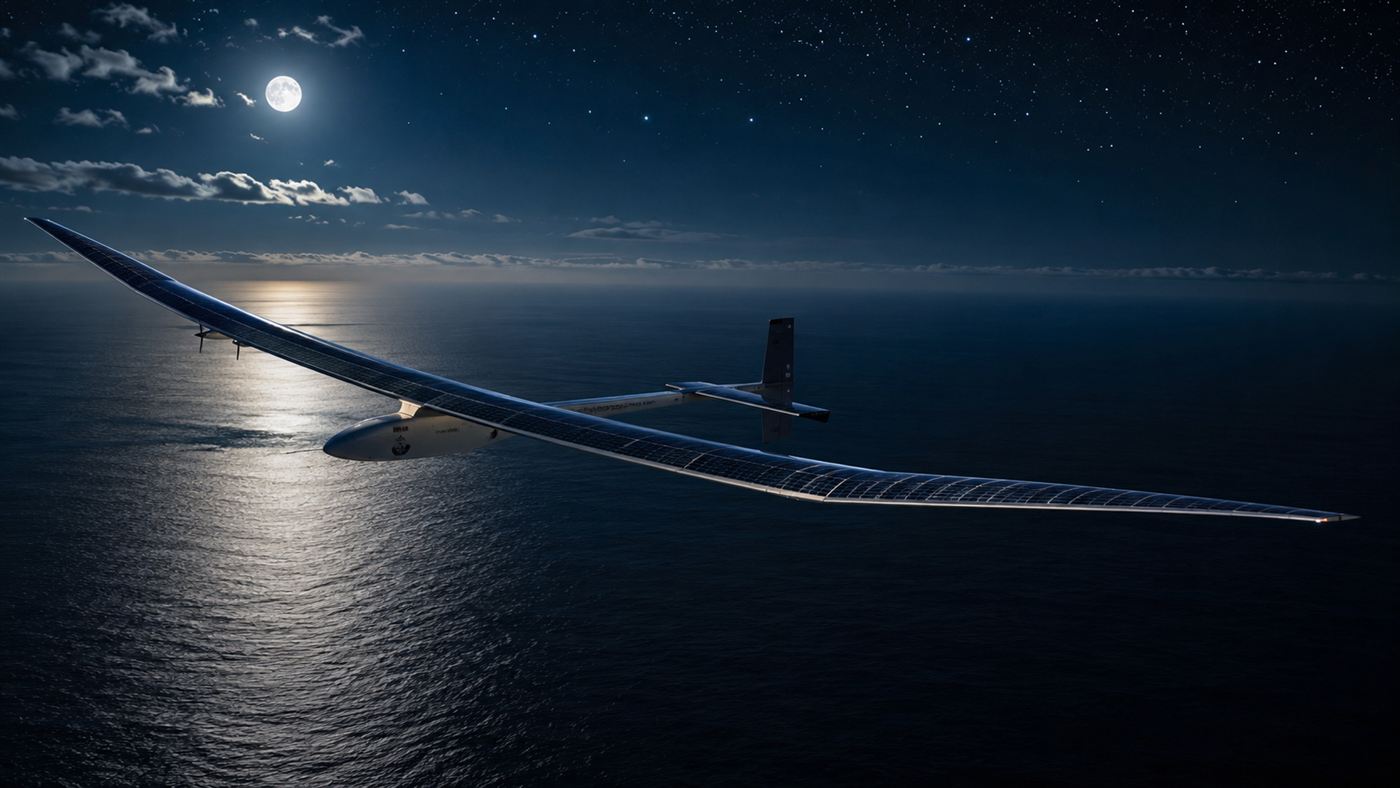 The solar plane flying at night over the ocean under a sky full of stars