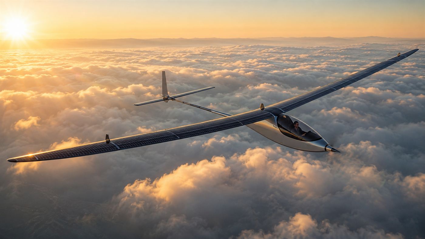 Solar Impulse, a wide solar-powered plane, flying above the clouds at sunrise