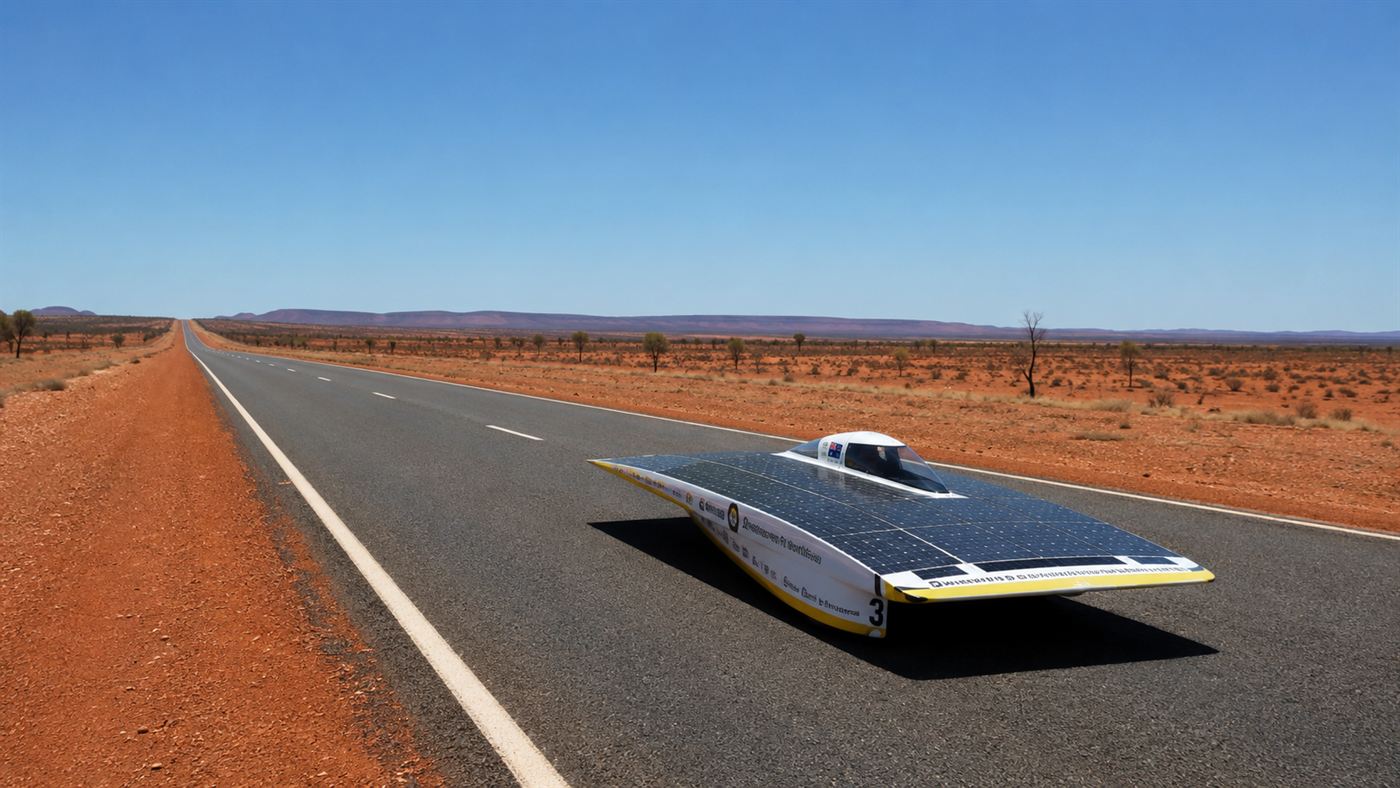 A low flat aerodynamic solar race car covered in solar panels speeding along an empty straight desert highway across the red Australian outback under a clear blue sky