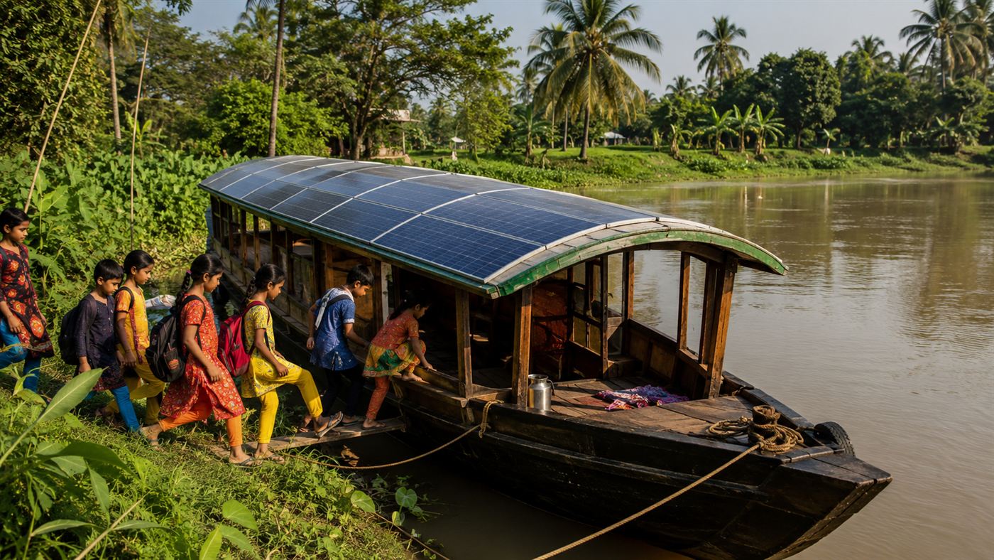 A long wooden boat with a curved roof covered in solar panels moored at a green riverbank in rural Bangladesh, children in colourful clothes stepping aboard from the bank