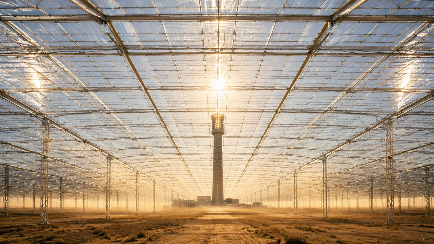 The view beneath a huge transparent solar collector canopy looking toward the base of a tall central tower, warm air shimmering