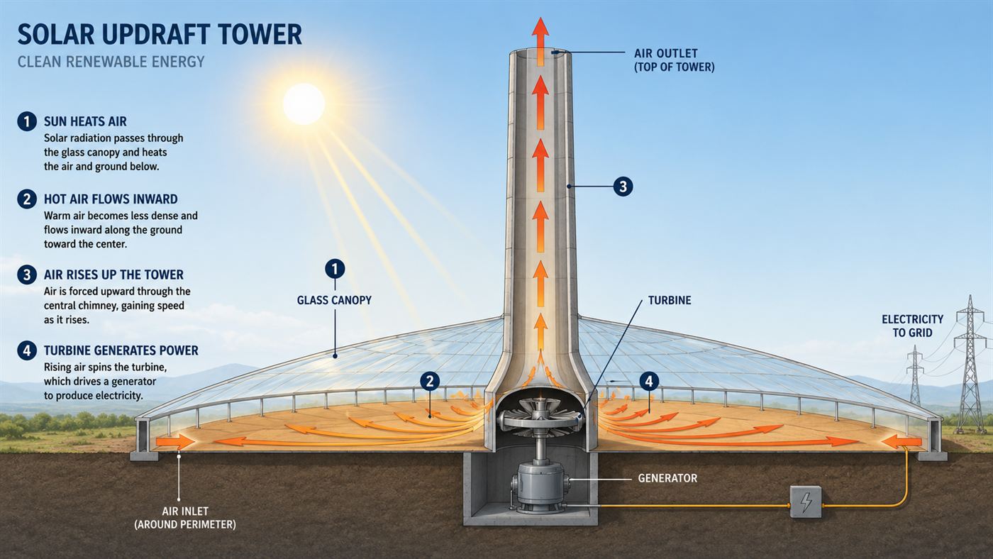 A simple cutaway diagram showing sunlight heating air under a glass canopy, the hot air rising up a central tower and turning a turbine