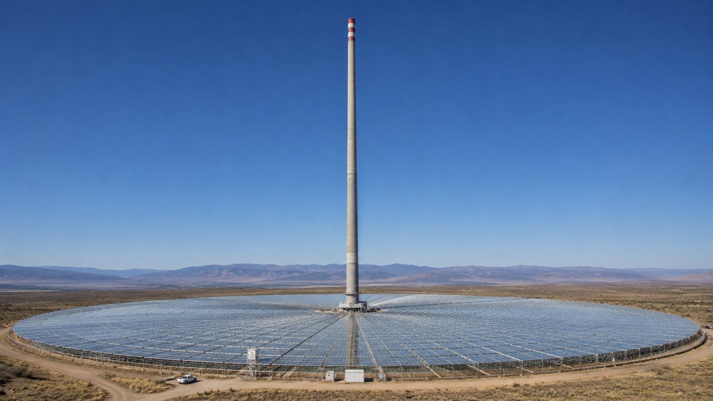 A tall slender chimney tower rising from the centre of a vast circular transparent glass canopy on a dry plain under a bright sky