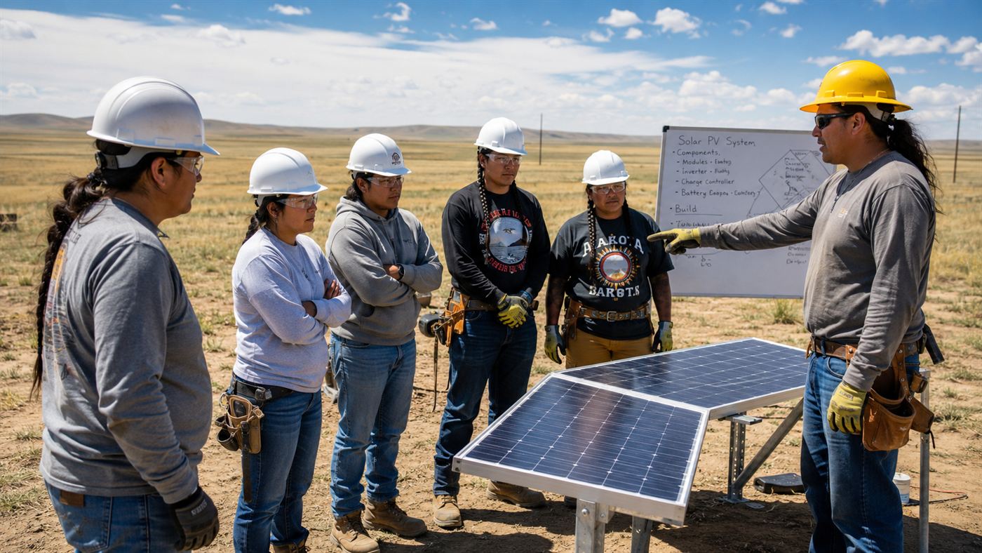 Native American trainees learning to install solar panels at an outdoor workshop, the solar warriors