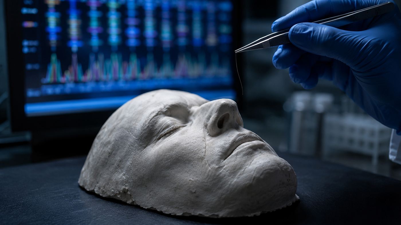 A plaster death mask of a man's face beside a single hair and a DNA readout in a forensic lab, the method that named the Somerton Man