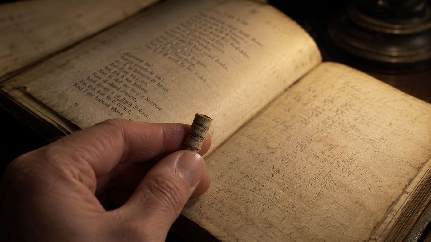 A tightly rolled scrap of paper reading Tamam Shud beside an open copy of the Rubaiyat, central clues in the Somerton Man case