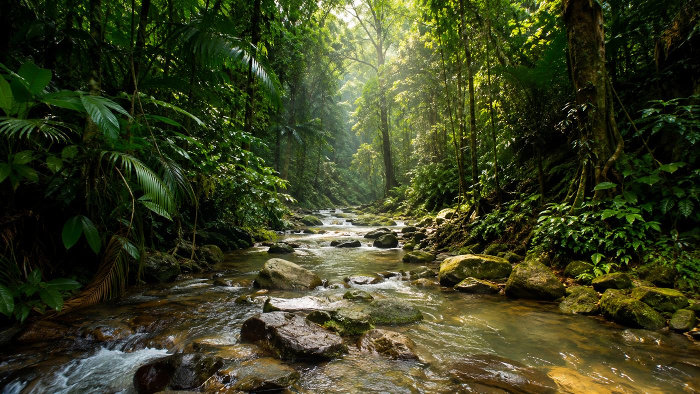 A lush tropical rainforest stream in Southeast Asia, the kind of habitat where fanged frogs live