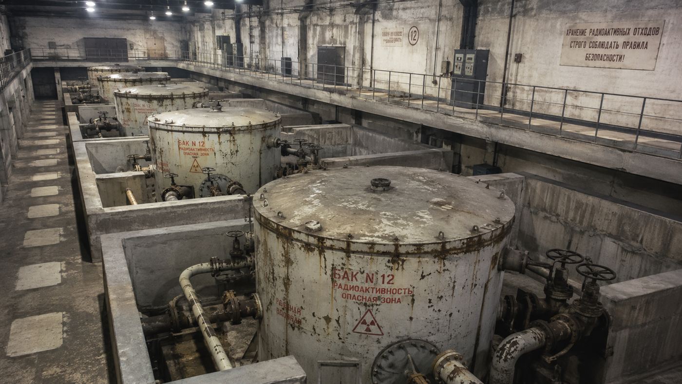 Industrial radioactive waste storage tanks at a 1950s Soviet nuclear plant