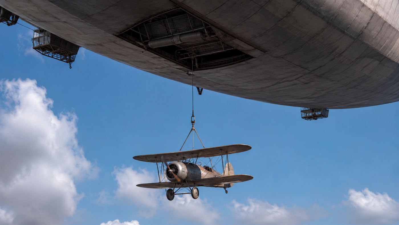 A small 1930s biplane fighter hanging from a trapeze hook beneath a giant airship's belly hangar opening