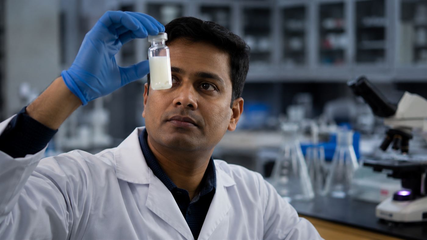 A gloved scientist holding a vial of goat milk up to the light in a university research laboratory