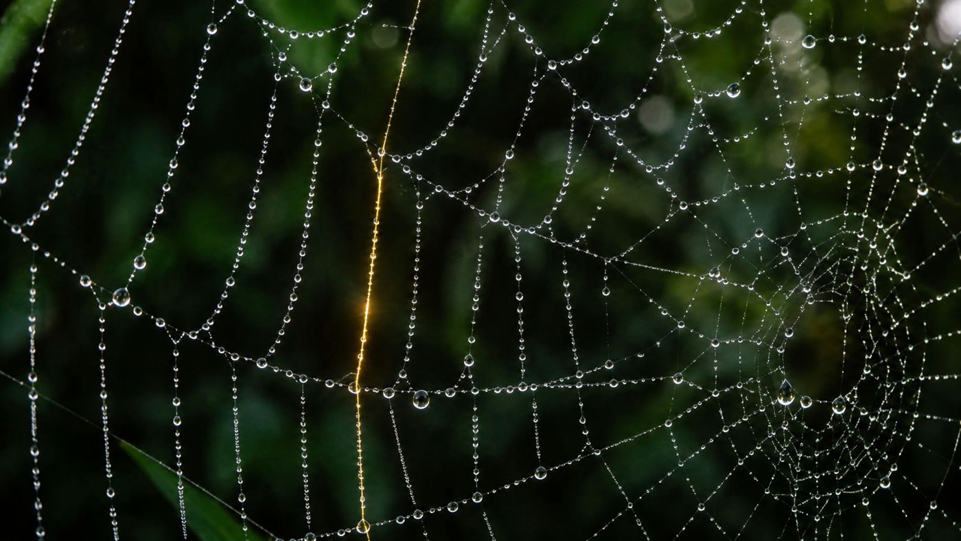 Macro close-up of a golden orb-weaver spider's dragline silk strung with dew drops