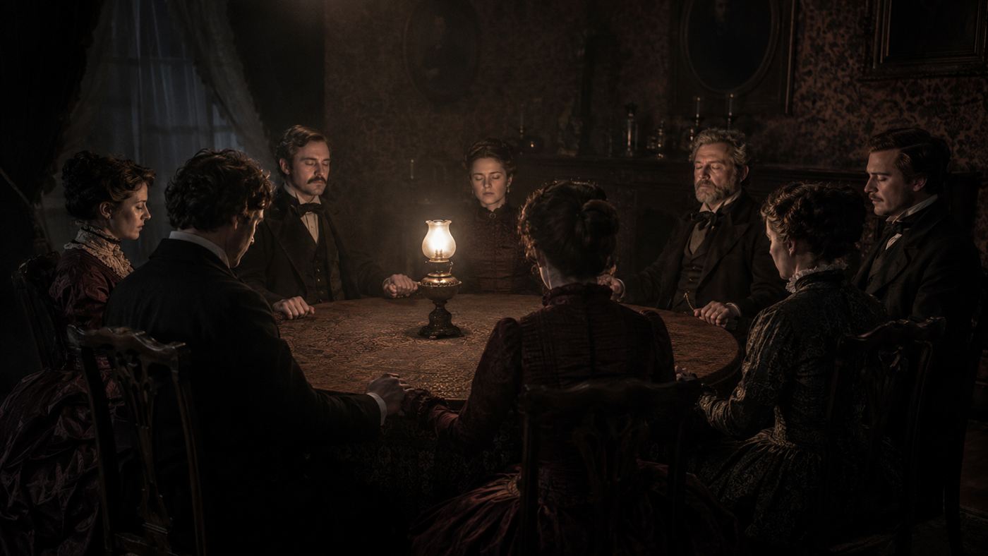 A group of Victorians seated around a table in a darkened room holding hands during a seance