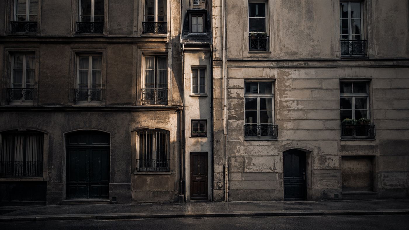 A tall thin house crammed into a narrow gap between larger buildings, blocking the light to a window behind it