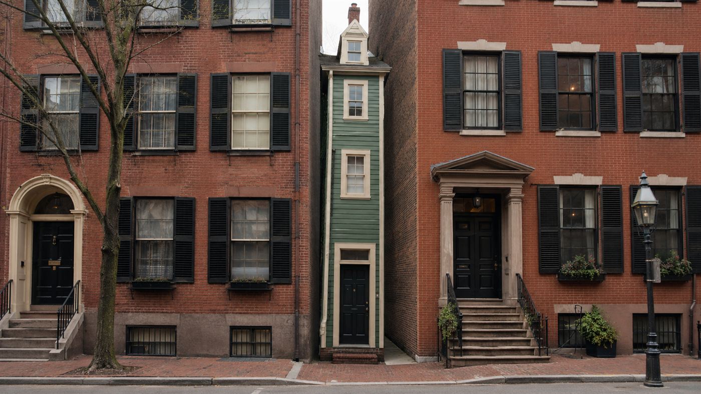 An absurdly narrow four-storey spite house wedged between two normal brick buildings on a Boston street
