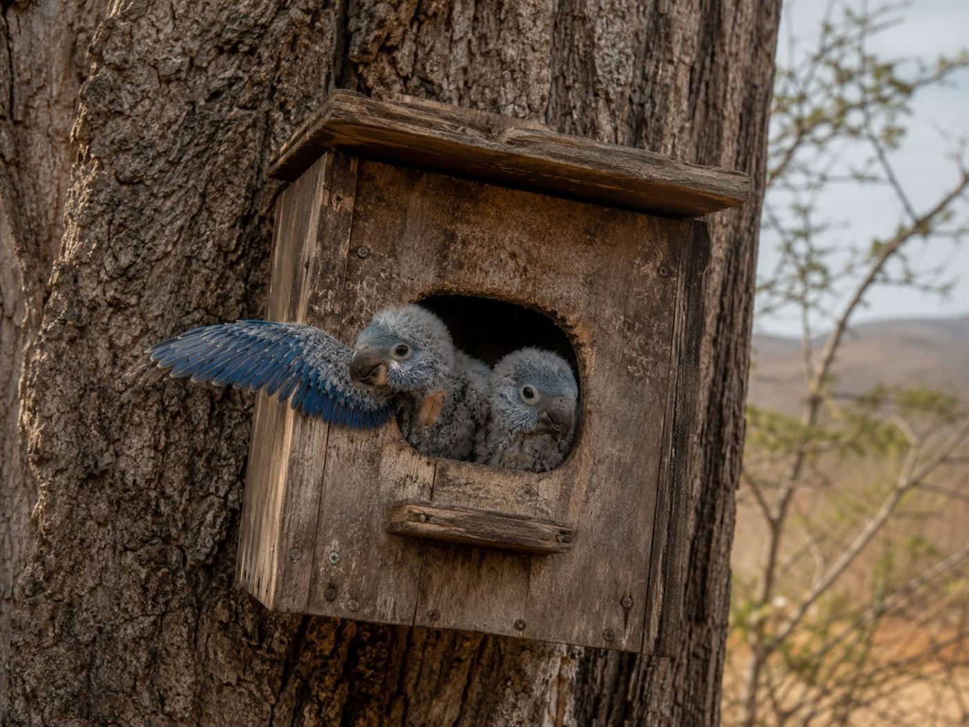 Two tiny blue Spix's macaw chicks with downy feathers peeking out from a wooden nest box attached to a gnarled caraibeira tree trunk in the dry Caatinga, one chick stretching its small wing