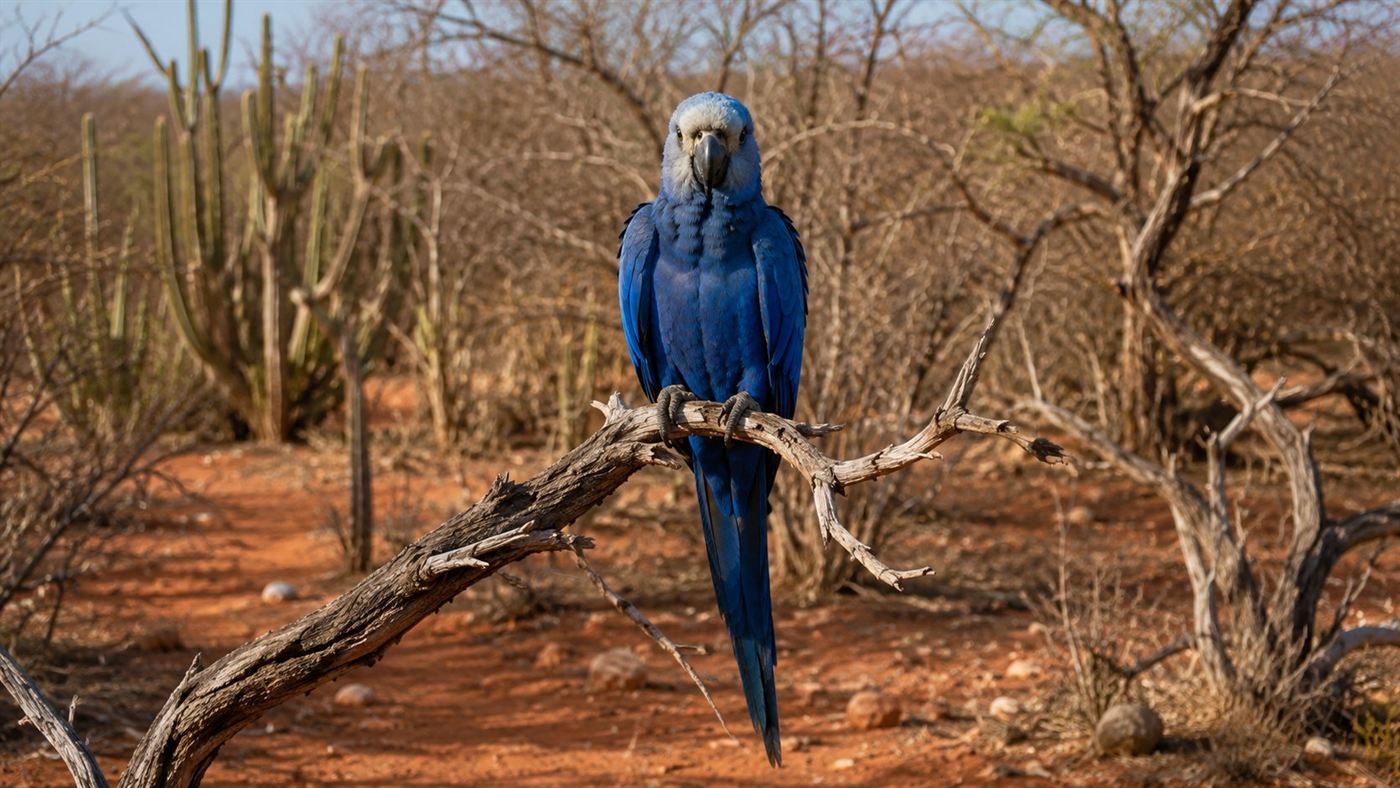 A small brilliant blue Spix's macaw perched on a dry twisted branch in the sparse Caatinga scrubland of northeast Brazil at golden afternoon light